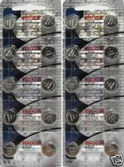 20 Maxell Batteries LR44 (A76, AG13) Alkaline Button Size Battery, On Tear Strip