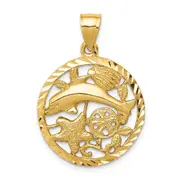 14k Yellow Gold Diamond-cut Dolphin and Shells Circle Pendant