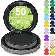 LANLISA 50 Black Paper Plates Disposable Set Includes 25-9" & 25-7" Disposable Birthday Cake Dessert Paper Plates For Party Supplies
