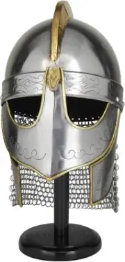Metal Medieval Knight Crusader Helmet with Black Wood Stand and Chainmail, 9" x