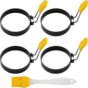 Non-Stick Round Egg Cooking Rings,4Pcs Non-Stick Stainless Steel Egg Cooker Omelet Ring,Griddle Egg Ring Round Egg Cooker Ring Pancake Ring,Silicone Handle Non-Stick Pancake Rings with Oil Brush