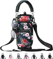 32 oz 40 oz Water Bottle Sleeve, Insulated Sport Water Bottle Holder with Strap & Paracord Handle, Flask Carrier Sling Bag with 4 Pockets for Walking Hiking-Wild Rose