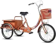 Elderly Tricycle, Light Pedal 3-Wheel Bicycle, Can Load 300KG, 20-Inch Wheels, One-Piece High Carbon Steel Material, Easy to Install,Brown,A