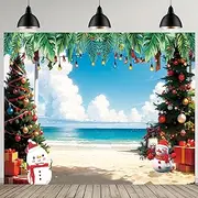 Fanghui 7 * 5ft Cartoon Summer Seaside Christmas Tree Backdrops for Photoshoot Summer Christmas Snowman Sand Beach Palm Leaf Banner Blue Sky White Clouds Sea Beach Birthday Party Photo Background