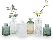 WILDMOS Glass Bud Vase Set of 6, Small Flower Vases for Decorative, Gradient Glass and Embossed Style Mini Glass Bottles for Home Decor, Vintage Glass Bottles for Centerpiece 3.3"-5.2''H(Clear+Green)
