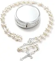 YQZIYOU Rosary Beads Catholic - Confirmation Gifts for Teenage Girl, Silver Simple Style Metal Gift Box, White Artificial Pearls Rosary, Gifts for Women
