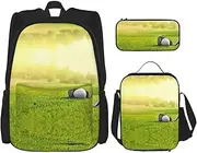 [StOlmx] 3 Pcs Set Backpack,Waterproof Bookbag, Insulated Lunch Bag & Pencil Case Pouch, Travel,Hiking,Golf Grass Print, Golf Grass, One Size