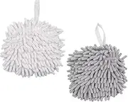 2 Pcs NUZAMAS Chenille Hand Towels Fuzzy Ball Towel White and Gray Fast Drying Handball Absorbent Soft Towel Hanging Towel for Kitchen Bathroom
