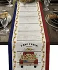 Red Truck with Farm Fresh Sunflower & USA Flag Linen Cotton Table Runner, New