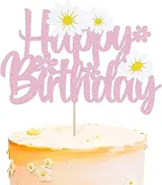 Pink shiny Happy Birthday cake top, decorated with daisy flowers, summer chrysanthemum, Daisy birthday party supplies, white Daisy flower themed party decorations, children's birthday party supplies
