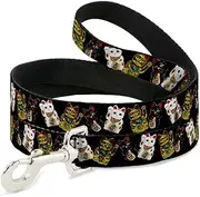 Buckle-Down Pet Leash - Maneki Neko Lucky Cats Gold/Black/White - 4 Feet Long - 1" Wide