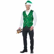 Elf Holiday Green Vest Hat Clip Christmas Santa Festival Mens Costume Kit