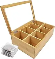 Tea Selection Box, Bamboo Tea Box Organiser with 8 Compartments, Dustproof Leakproof Caddy with Transparent Lid, Bag Storage for Bags, Milk Bags, Coffee, Organiser