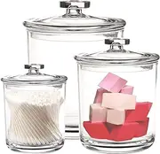 Youngever 1800ml, 900ml and 450ml Clear Plastic Apothecary Jars Set of 3, Re-usable makeup organizer, Qtip holders, cotton pad holders