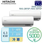 【HITACHI 日立】3-4坪+7-8坪 R32一級能效變頻冷專一對二分離式冷氣(RAM-63SP/RAS-28YSP+RAS-50YSP)
