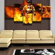 Firemen Firefighter Fighting Flame Fires Framed 5 Piece Panel Canvas Wall Art Pr