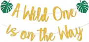 A Wild One is on the Way Banner - Welcome Baby Sign, Wild Animals Theme Baby Shower Decor, Safari Jungle Baby Shower Birthday Gender Reveal Party Decorations Gold Glitter
