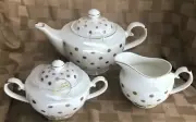 New Grace White w/Gold Polka Dots Ceramic Teapot - Creamer & Sugar Bowl