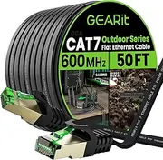 GearIT Cat 7 Outdoor Flat Ethernet Cable (50ft, Black) Direct Burial Rated LLDPE Jacket - Indoor Cat7 Shielded FTP 600MHz 10Gbps High Speed Gaming Computer Network RJ45 Snagless Patch Cord Internet