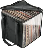 Vinyl Record Carrying Bag, Foldable Vinyl Record Album Storage Bag with Lid and Handles, Dustproof Vinyl Album Holder Case, Hold up to 50 LP Records, Vinyl Record Organiser for Home Travel Collection