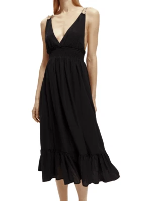 Scotch & Soda Smocked Midi Strap Black Dress