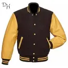 New Brown Wool Letterman Bomber Jacket Varsity Yellow Gold Real Leather Sleeves