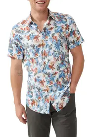 Rodd & Gunn Oyster Cove Sport Fit Floral Short Sleeve Cotton Button-Up Shirt in Turquoise at Nordstrom, Size Medium