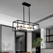 Vencha Franco Modern Metal Square Rectangular Caged Linear Bar 6 Light Pendant Light - Black & Gold / Opal