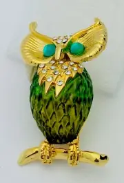 Gold Crystal Green Lucite Owl Pin/Brooch