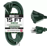 15 Foot Outdoor Extension Cord with 3 Electrical Power Outlets - Durable Green