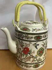 Vtg Asian Teapot Floral On Bone Double Handle 5-6 Cups NEW