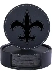 CUSTOM SAINTS ENGRAVED BLACK LEATHER COASTERS WITH LEATHER HOLDER *SET OF 8*