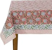 Ridhi Dark Salmon Pink 60 x 90 Inches Rectangular Cotton Washable Tablecloth, Hand Block Print Floral, for Kitchen, Dining, Spring, Easter, Wedding, Birthday, Bridal