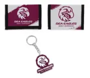 SET OF 2 MANLY SEA EAGLES NRL TEAM NYLON SPORTS WALLET & CLUB LOGO KEYRING CHAIN