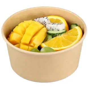 牛皮紙碗打包盒一次性圓形餐盒沙拉盒輕食外賣水果盒水果撈便當盒