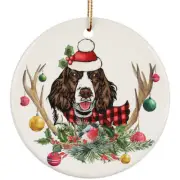 Cute English Springer Dog With Antlers Reindeer Flower Xmas Circle Ornament Gift