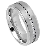 White IP Plated Titanium Ring Brushed Center Shiny Stepped Edge Eternity CZ 8mm