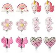 [Mikovivi] 6 Pairs Clip on Earrings for Girls with 12pcs Ear Pads, Butterfly Rainbow Flower Unicorn Clip on Earrings Non Pierced Earrings Kids Earrings Girls Dress up Jewelry Gifts, Medium, Resin
