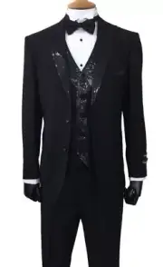 New Men's Slim Fit 2-Button Black Tuxedo Suit With Vest and Pants Sequins Design