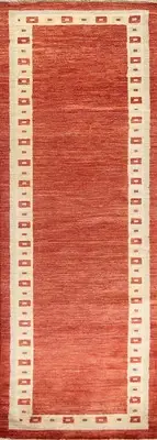 Hand-Knotted Orange / Red Geometric Gabbeh Style Runner Rug 3x10 Ft Hallway Rug