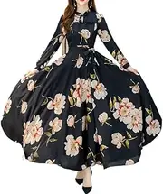 [DSAoTeng] Women’s Long Sleeve Printed Bow Swing Dress—Elegant Casual Floral Chiffon Slim Fit A Line Midi Dress for Autumn Winter Party Holiday
