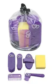 Sparkles+Bling Hearts Horse Pony Childs Grooming Kit 7 Piece Induffle Bag Purple