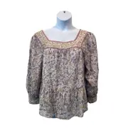 American Eagle Top Womens Sz Medium Floral Peasant Square Neck Blouse Pink Boho