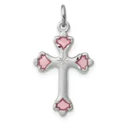 Sterling Silver Rhodium-Plated Pink Enameled Budded Cross Charm