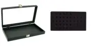 Glass Lid Jewelry Display Case 14 3/4" w/ Black 50 Slot Earring Tray Inserts