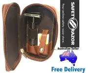 Parker Safety Razor 22R + Parker Brown Leather Case +5 Shark Super Chrome Blades