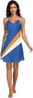 [RPLIFE] Marshall Islands Flag Slip Nightgowns for Women, Sexy V Neck Satin Cami Sleep Dress, Small