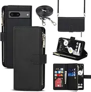 Jaorty Fit for Google Pixel 7a Phone Wallet - Crossbody Strap Lanyard, Zipper Pocket PU Leather Case for Pixel 7a, Black