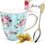 TEVLAUXO Coffee Mugs,Bone China,with gold trim,Floral Flower Vintage Pattern,Fine Porcelain Tea Cups,pretty Large Ceramic with Handle,Spoon,Gift Box For Women Men,Boyfriend,Drink Milk,Water (Blue)