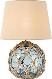 Lexi Lighting Jessamy Table Lamp, Rope Blue Glass Base, Natural Fabric Shade, H40cm, Nautical Buoy Style Contemporary Bedside Desk Nightstand Lamp for Bedroom Living Room Office College Bookcase